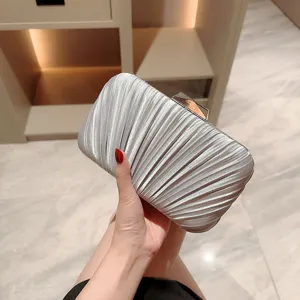 Silver pleated evening clutch bag with metal clasp for women party wedding dress handbag