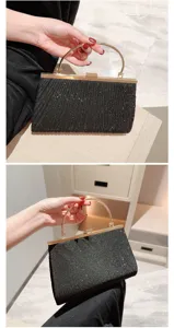 Elegant black glitter evening clutch bag with metal ring handle for women party wedding.