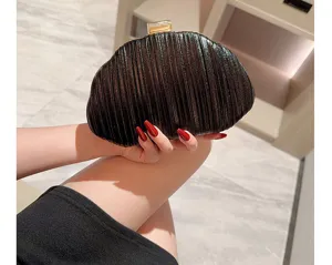 Elegant black pleated clutch bag, stylish leather evening purse with gold clasp for party