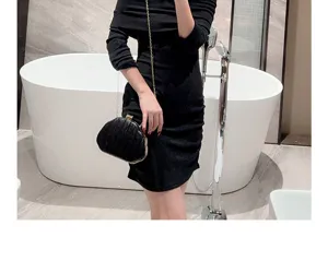 Fashion leather evening clutch bag with chain for women wedding party elegant black purse