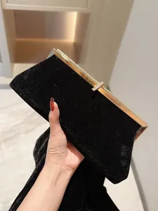 Sac de soirée pochette en velours noir avec fermoir crochet strass étincelant pour robe