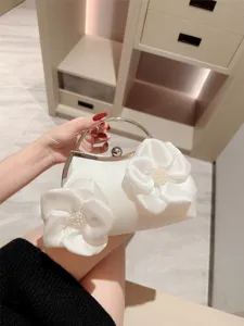 Elegant Polyester Satin Evening Clutch Bag Horizontal Square Flower Handbag With Metal Round Handle For Women Wedding Banquet Party