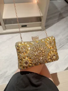 Sparkling gold rhinestone box evening clutch bag with chain for women party dress prom