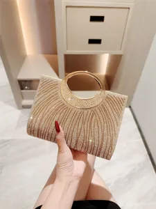 Elegante Borsa da Sera a Righe in Strass Con Manico ad Anello in Metallo Lussuosa Borsa a Mano Pochette Tracolla per Matrimonio Festa Donna