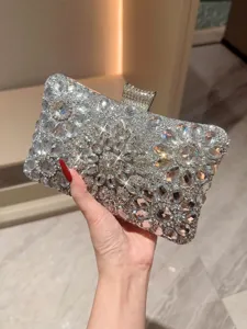 Silver rhinestone crystal evening clutch bag elegant sparkling wedding party minaudiere purse