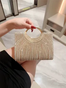 Borsa da sera scintillante con strass e manico ad anello dorato, elegante pochette per matrimoni.