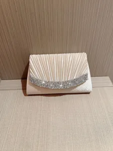 Pleated rhinestone evening clutch bag for women, elegant satin wedding party handbag purse.