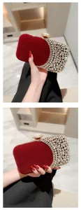 Elegant red velvet evening clutch bag with sparkling rhinestone embellishment for women parties.