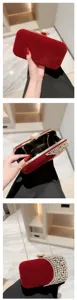 Elegant red velvet evening clutch bag with sparkling crystal rhinestones and chain.