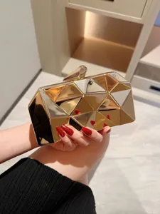 Elegant Geometric Faceted Metal Evening Bag Shiny Metallic Clutch Purse With Chain Shoulder Strap For Women Banquet Dinner Party