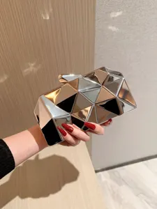 Metallic geometric faceted evening clutch bag, elegant shiny metal box purse for women.