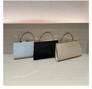 Close-up view of elegant glitter pleated evening clutch bags with metal handles in multi colors.