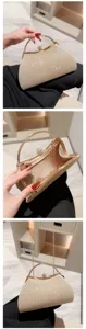 Gold pleated evening handbag for women, elegant clutch with metal handle and rhinestone clasp.