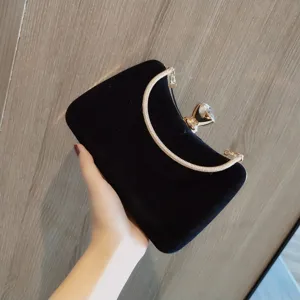 Black velvet evening clutch bag with rhinestone clasp and chain handle for women party wedding.