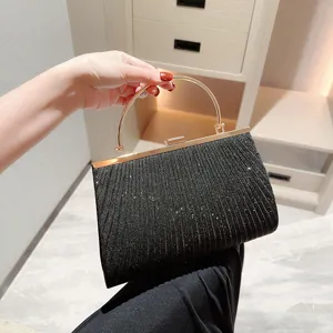 Black glitter pleated evening clutch bag with metal handle for women banquets weddings.