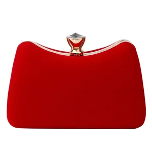 Red velvet evening clutch bag for women, elegant gold frame wedding party purse with crystal clasp.