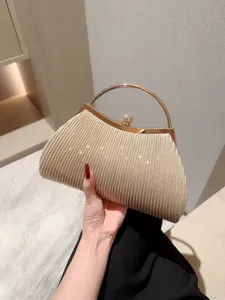 Women Pleated Evening Bag Polyester Rhinestone Clasp Metal Ring Handle Handbag For Banquet Wedding Elegant Formal Clutch Purse