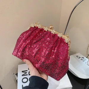 Elegant Fabric Sequin Pleated Evening Clutch Bag For Women Rhinestone Clasp Decor Shell Shaped Chain Crossbody Dress Purse
