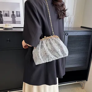 Elegant sequin evening bag with gold chain strap, stylish clutch for parties and weddings.
