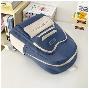Korean style casual student backpack, large capacity blue and white school bag for teens.