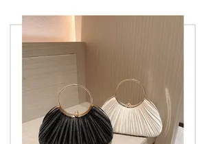 Elegant pleated satin evening bag with metal ring handle, perfect for party and prom.