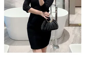 Black pleated evening clutch bag with metal ring handle for party and wedding events.