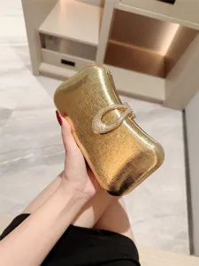 Gold metallic leather evening clutch bag with sparkling rhinestone waterdrop clasp for women