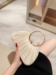 Satin Pleated Evening Bag with Gold Ring Handle Elegant Clutch Purse for Wedding Party