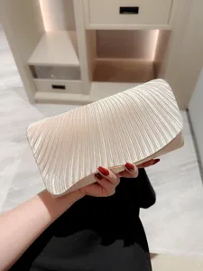 Elegant satin pleated clutch bag for women, evening party wedding dress handbag champagne.