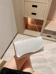 Elegant silver pleated evening clutch bag with chain strap for women wedding party dress.