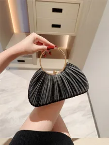 Elegant satin pleated evening bag with gold round handle for women party wedding prom classy.