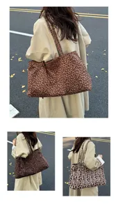 Detailed view of casual leopard print tote bag, large capacity shoulder bag for daily commute.