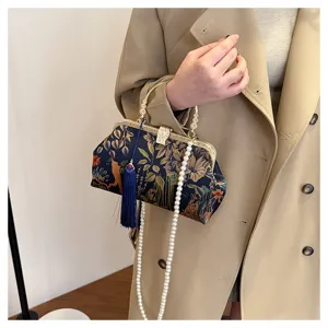 Elegant Chinese style embroidered evening bag with pearl chain and blue tassel vintage purse.