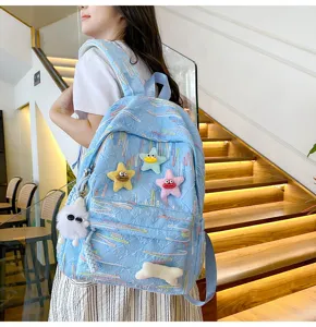 Cute Korean style sweet blue backpack for teen girls school travel daypack with plush star decor