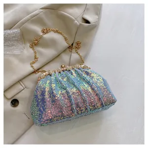 Elegant sequined evening clutch bag with chic pleated design and gold chain strap for women.