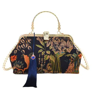 Vintage Chinese style floral printed evening clutch bag with metal handle and pearl chain.