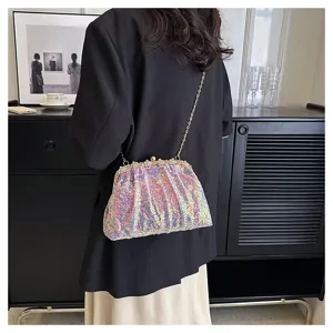 Elegant sequin evening clutch bag for women, stylish pleated design with chain strap.
