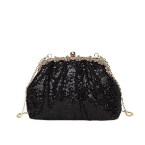 Elegant black sequin evening clutch bag with gold chain for women party wedding prom dress.