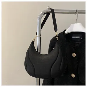 Black crescent shoulder bag for women, stylish underarm hobo purse with chic quilted texture