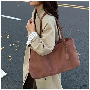 Large capacity brown suede tote bag for women, stylish casual shoulder commuting bag.