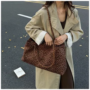 Detailed shot of a stylish leopard print tote bag in a casual street setting, showing texture.