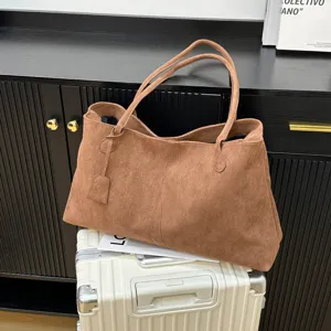 Brown suede tote bag for women, large capacity casual shoulder bag, stylish commute handbag.