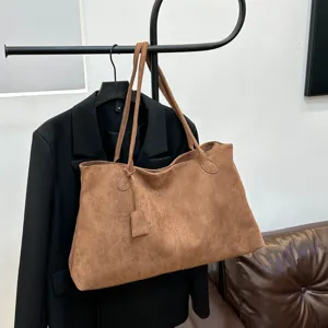Brown suede tote bag for women, large capacity shoulder bag, casual slouchy commuter handbag.