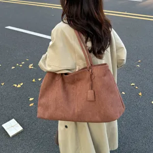 Large capacity casual brown suede tote bag for women, stylish shoulder handbag for daily work.