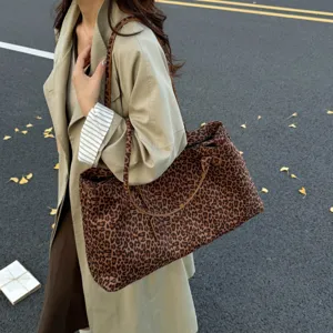 Large capacity leopard print tote bag casual shoulder handbag for daily commuting women