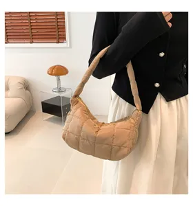 Stylish quilted shoulder bag for women, puff cloud handbag, casual khaki hobo tote purse.