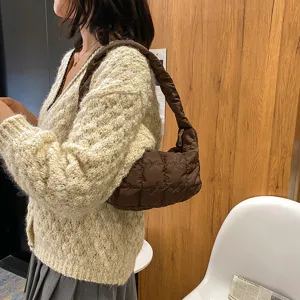 Trendy autumn winter quilted puffer shoulder bag for women, stylish brown cloud underarm handbag.