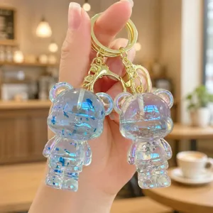 Cute Acrylic Jelly Glitter Bear Keychain Transparent Cartoon Animal Pendant For Bags Key Ring Charms Couple Ornaments Gifts
