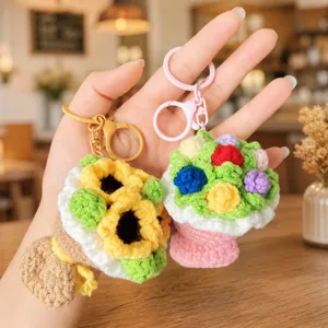 Portachiavi con fiore all'uncinetto fatto a mano, grazioso mazzo di girasoli ciondolo borsa.