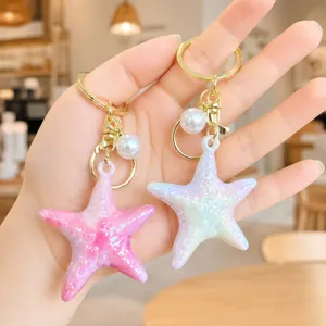 Creative Ocean Acrylic Starfish Keychain Iridescent Conch Pendant Bag Charm With Artificial Pearl Cute Key Ring Accessory